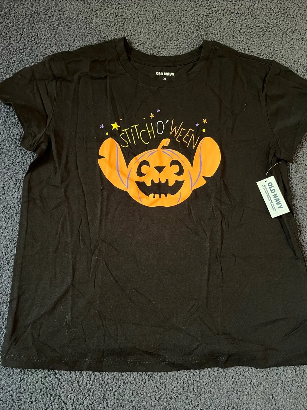 Old Navy “StitchO’Ween” Black Tee with Orange Pumpkin-Stitch Graphic